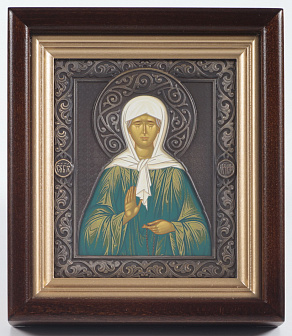 Икона в киоте 12х14 сложный №2 темпера, риза патинированая Матрона
