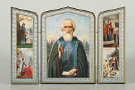 Складни деревянные 19х28 трёхстворчатые, двойное тиснение, фигурные, в упаковке Сергий Радонежский (с клеймами)