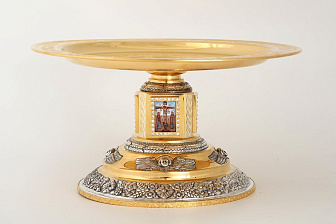 Дискос с поддискосником ручная гравировка, чеканка, 4-финифти / квадратные / ф280мм / золочение / серебро (УИН)