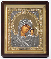 Икона в киоте 18х24 фигурный, темпера, риза объёмная, прямая, частично золочёная