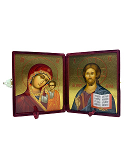Венчальные иконы Спаситель и Казанская с золочением УЛ 13х16 в бархатном складне