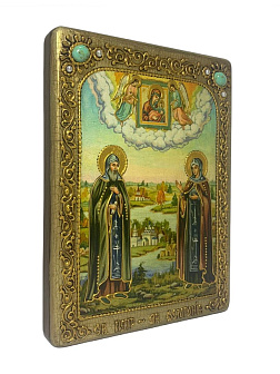 Настольная икона ''Петр и Февронья'' на мореном дубе