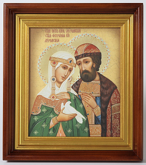 Икона в киоте 24х30 фото на пластике объёмное, багетный подрамник№1 Петр и Феврония
