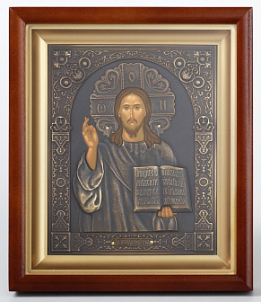 Икона в киоте 15х19 сложный, темпера, риза патинированая Спаситель