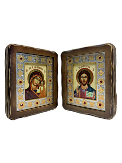 Венчальные иконы Спаситель и Казанская со вставкой металл на дереве под старину Византикос 13х15
