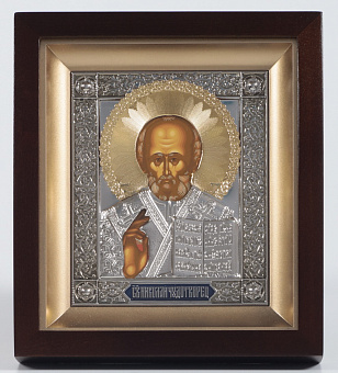 Икона в киоте 11х13 фигурный №2 темпера, пластмассовый подрамник, риза никель, эмаль, золоч Николай Чудотворец Икона в киоте 11х13 фигурный №2 темпера, пластмассовый подрамник, риза никель, эмаль, золоч Николай Чудотворец