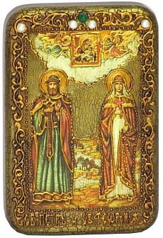 Настольная икона ''Петр и Февронья'' на мореном дубе