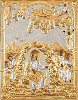 Икона живописная в ризе 85х105 масло, объемная риза №172, золочение Илия Пророк