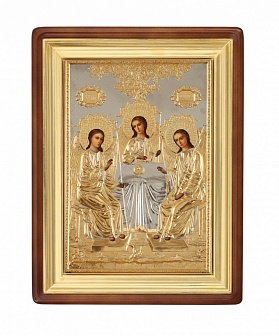 Икона живописная в киоте 50х70 масло объемная риза № 85 золочение золоченый подрамник Троица