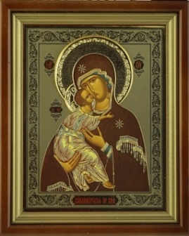 Владимирская БМ, Икона в киоте 22х26 сложный, тройное тиснение, венчик золоченый
