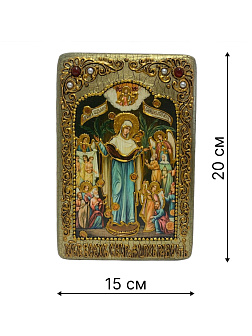 Настольная икона Божией Матери «Всех Скорбящих Радость с грошиками» на мореном дубе