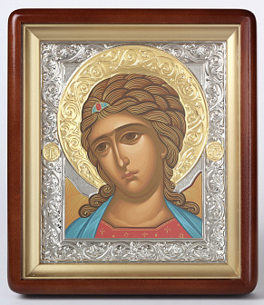 Икона в киоте 18х24 фигурный, темпера, риза никель, золочёный венчик Ангел-Златые власа