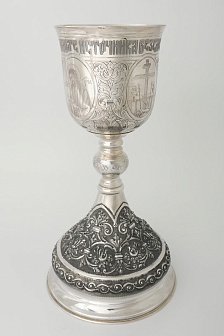 Потир 0.75л ручная гравировка с 4мя-ликами, чеканка / поддон 1, 5л потира / серебро (УИН)