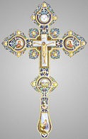 Крест напрестольный №4 6-финифтей, филигрань, эмаль, хим.гравировка / золочение