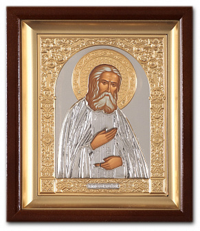 Икона в киоте 15х19 сложный, темпера, риза объёмная, никель, золочение Серафим Саровский