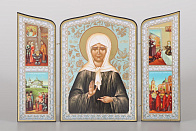 Складни деревянные 19х28 трёхстворчатые, двойное тиснение, фигурные, в упаковке Матрона Московская (с венчиком)