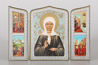 Складни деревянные 19х28 трёхстворчатые, двойное тиснение, фигурные, в упаковке Матрона Московская (с венчиком)