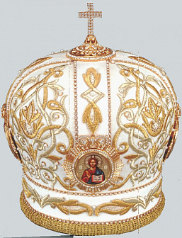 Митра ручная вышивка №531 бархат 4 юв.иконы (типографское изображение), крест в футляре