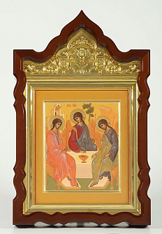 Икона "Троица" живописная в киоте 24х30 золоченый нимб, киот №6