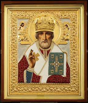 Икона живописная в киоте 40х50 масло, риза №141, жемчуг, киот №1 Николай Чудотворец Икона живописная в киоте 40х50 масло, риза №141, жемчуг, киот №1 Николай Чудотворец