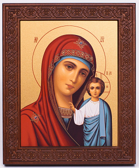 Икона на дереве 18х22 прокат, ковчег с резным обрамлением, упаковка Казанская БМ 1