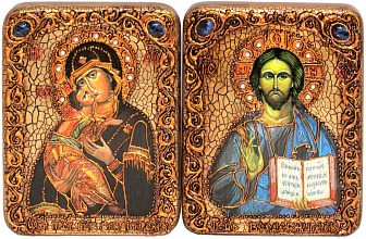 Венчальная пара подарочных икон ''Владимирская икона Божией Матери'' и ''Господь Вседержитель'' на мореном дубе
