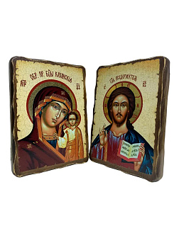 Венчальные иконы Спаситель и Казанская со вставкой металл на дереве под старину Византикос 13х15