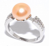 Кольцо с жемчугом оранжевого цвета и кубическим цирконием из серебра 925 пробы, 3г