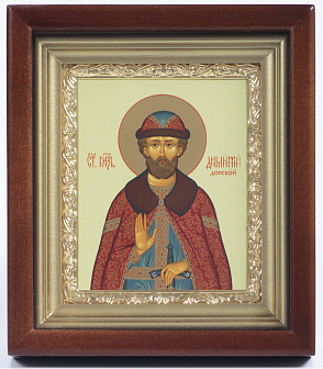 Икона в киоте 11х13 сложный, темпера, рамка золочёная Димитрий Донской