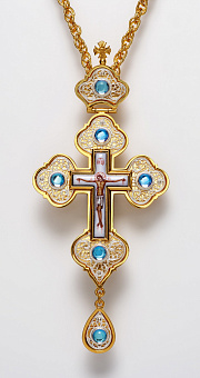 Крест наперсный филигрань №0042 одинарный рант финифть / золочение, серебрение Крест наперсный филигрань №0042 одинарный рант финифть / золочение, серебрение