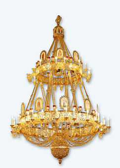 Паникадило 2 яруса 46 свечей с иконами золочение Паникадило 2 яруса 46 свечей с иконами золочение