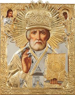 Икона живописная святителя Николая Чудотворца 45х55, масло, риза №178, золочение
