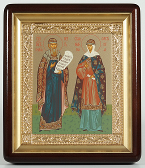 Икона в киоте 18х24 фигурный, темпера №8, рамка золочёная Петр и Феврония