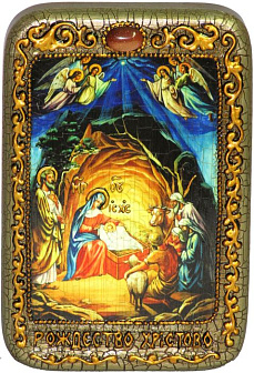 Настольная икона ''Рождество Господа Бога и Спаса нашего Иисуса Христа'' на мореном дубе