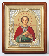 Икона в киоте 18х24 фигурный, темпера, риза-рамка объемная, открытая, золочёная, никелирование Пантелеимон 1