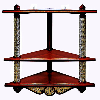 Полка для икон 3-х ярусная угловая из дерева с басмой