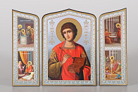 Складни деревянные 19х28 трёхстворчатые, двойное тиснение, фигурные, в упаковке Пантелеимон