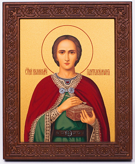 Икона на дереве 18х22 прокат, ковчег с резным обрамлением, упаковка Пантелеимон 1