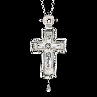 Крест наперсный №185 литьевое распятие, перламутр / серебрение