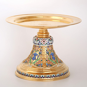 Дискос с поддискосником / ф280мм-конус потира 2, 0л / филигрань, эмаль, роспись, ручная гравировка / золочение Дискос с поддискосником / ф280мм-конус потира 2, 0л / филигрань, эмаль, роспись, ручная гравировка / золочение