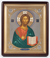 Икона в киоте 24х30 фигурный, темпера, риза объемная, открытая, золочение, эмаль Спаситель