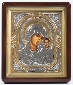 Икона в киоте 18х24 фигурный, темпера, риза объёмная, никель, золочение Казанская БМ