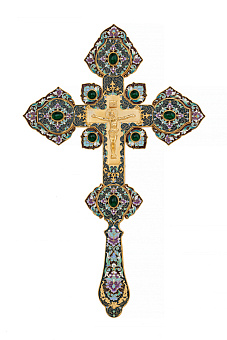 Крест напрестольный №4 литьевое распятие, филигрань, эмаль, хим.гравировка / золочение