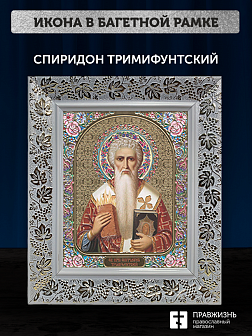 Икона Спиридон Тримифунтский, бронзовая багетная рамка узкая с узором 15х18 см Икона Спиридон Тримифунтский, бронзовая багетная рамка узкая с узором 15х18 см