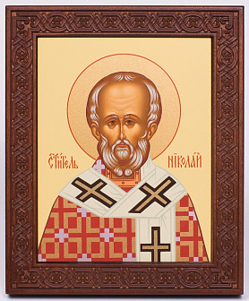 Икона на дереве 18х22 прокат, ковчег с резным обрамлением, упаковка Николай Чудотворец