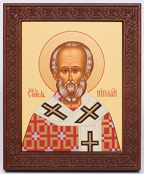 Икона на дереве 18х22 прокат, ковчег с резным обрамлением, упаковка Николай Чудотворец