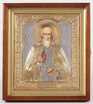 Икона фото в киоте 24х30 риза №191 золочёная, багетный подрамник Сергий Радонежский