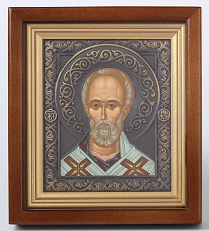 Икона в киоте 12х14 сложный №2 темпера, риза патинированая Николай Чудотворец