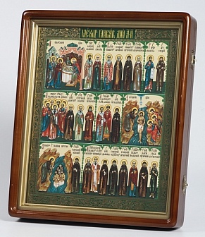 Икона Святцы на месяц в киоте 40х50 с декоративным золочением