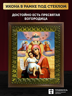 Икона Божией Матери Достойно есть с золочением, деревянная рамка с басмой и стеклом 18х21х2,5 см 113 Икона Божией Матери Достойно есть с золочением, деревянная рамка с басмой и стеклом 18х21х2,5 см 113